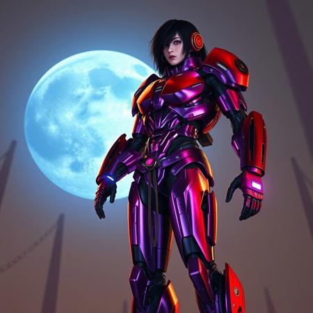 A full-body cyberpunk cyborg with a shiny purple and red titanium body, storing weapons inside. Dark hair, tied at the waist, hair over one eye. The cyborg stands on a tall tower with a giant blue moon in the sky. Blue light on the wrist, pink light on the chest. Reflective lighting, high-detail, 3D mecha effect, with textured skin and perfect proportions.