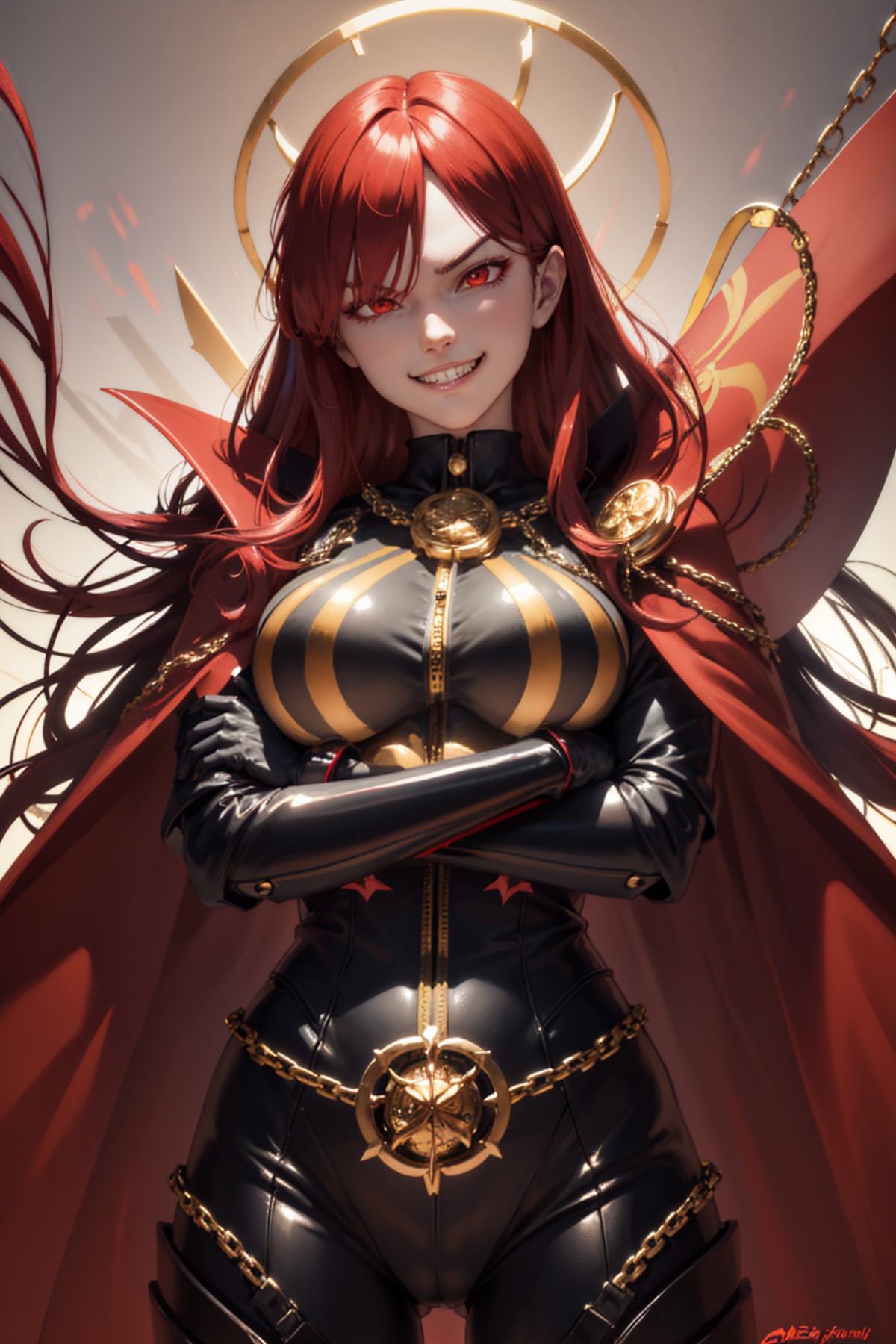 (detailed face and eyes:1.3),
<lora:oda-10:1>,oda_biig,large breasts,red eyes,black bodysuit, red hair,chain,collared cape...