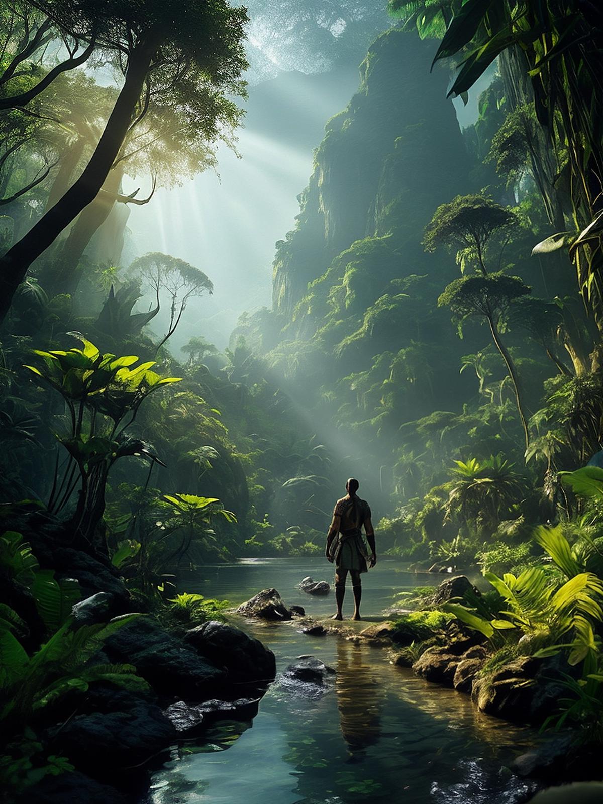 A man walking through a jungle with a waterfall in the background.