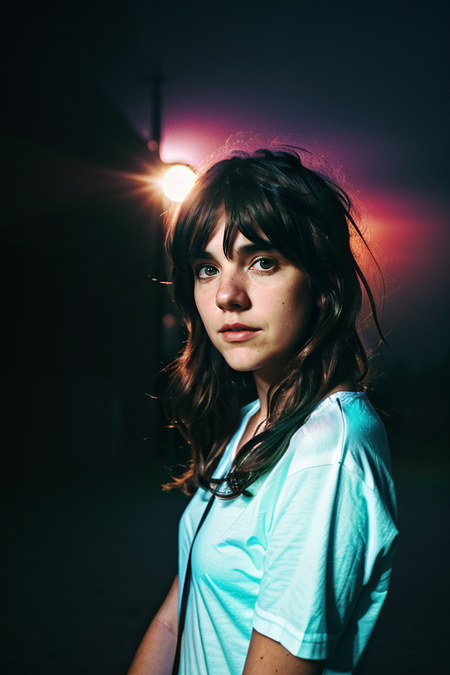 CourtneyBarnett, (editorial photograph), standing, dark night, film grain, depth of field, analog film style, vivid color, 1girl, upper body, (looking at viewer:1.3), ((vibrant color palette, bold and saturated, emotional impact, vivid, with strong contrasts, creative and stylized lighting, movie screenshot, neon, colored gels, dramatic shadows, dreamlike, cinematography, lens flare, mist, gritty, movie still, state fair, fog)), car headlines on face, (night, dark, dark photo, grainy, dimly lit), best quality, high quality, (realistic), UHD, ultrarealistic, noise