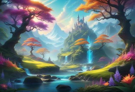 a mesmerizing fantasy landscape with enchanting glowing flora and fauna, ethereal lighting, magical atmosphere, inspired by artists like John Avon and Jesper Ejsing, rendered in vibrant colors, highly detailed, epic fantasy concept art, made in Photoshop and Procreate