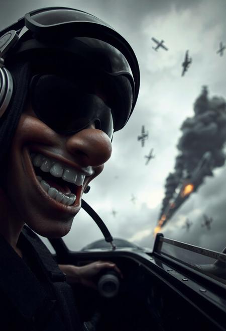 Character in the style of Gorillaz's Demon Days album|grey sky background|stark contrast|((pilot helmet)),eyes not visible|eyes covered with dark glass frame|(style:1.5). Big mouth, smiling, wide smile, mouth wide open,
Riding plane, cloudy sky, grey sky, dark cloud, falling plane,
Falling planes in background, wars, blazing planes, dark smokes,
Full view, from below, tilted angle 
masterpiece, best quality, detailed, realistic, 8k UHD, high quality, lifelike, precise, absurdres, rendered in a cinematic, HDR style, 8K resolution
masterpiece, best quality, detailed, realistic, 8k UHD, high quality, lifelike, precise, vibrant, absurdres, SimplepositiveXLv1, sfw <lora:xl_more_art-full-beta1:0.7>