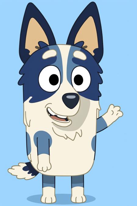 Bluey Style,  Bluey Irwin Chibi,  blue heeler,  blue fur,  solo,  looking at viewer,  smile,  open mouth,  simple background,  1boy,  animal ears,  standing,  tail,  full body,  male focus,  black eyes,  arms up,  blue background,  happy,  outstretched arms,  furry,  furry male,  body fur,  animal nose,  two-tone fur,  blue fur, <lora:EMS-20826-EMS:1.000000>