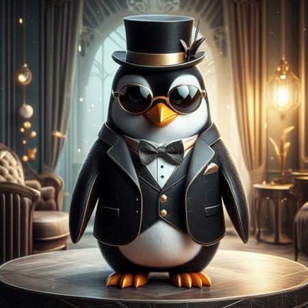 digital painting of a modern edge cute penguin in suit and bowtie, top hat and cutting edge sunglasses,  entirely made of retro sophistication texture, whimsical and magical atmosphere, soft lighting, highly detailed and stylized, concept art for a vintage charm-themed universe