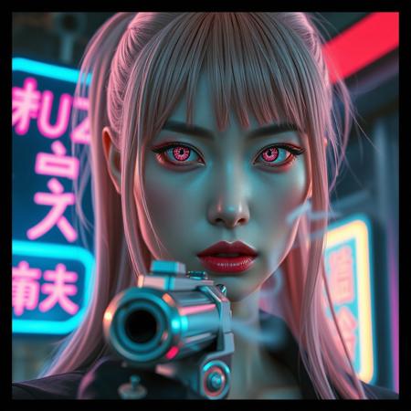 Photorealistic vertical movie poster of a tall, slender Japanese cyberpunk assassin. Extreme close-up portrait, her face fills most of the frame. She has long blush pink hair in a high ponytail, with brushed bangs and loose strands framing her face. Her expression is cold and controlled.
Her cybernetic eyes glow faint pink with intricate tech circuitry visible in the irises. She wears bold, sharp red Asian-style eyeshadow. At the bottom edge of the frame, the silver barrel of a futuristic pistol is visible, slightly out of focus and pointed at the viewer. A delicate plume of smoke rises from the barrel, drifting across her porcelain face.
Lighting is dramatic and cinematic — a neon-noir palette of deep shadows with vibrant pink, blue, and purple rim lights. Her chrome cybernetic hand is just out of frame.
In the blurred background: a blue neon sign reading ‘BUZZ’, with red Japanese katakana beneath it.
The poster has a framed black border. At the top, bold stylized title text:
BUZZ KILLER — glowing neon-style font
Below it, in smaller red type:
The Sakura Killer.”
	Style Tags: photorealistic, cyberpunk, movie poster, neon noir, futuristic assassin, glowing eyes, cinematic lighting,
Camera Framing: Close-up portrait, vertical orientation, 
Lighting: Pink/purple neon bounce, deep shadows, realistic glow effects
