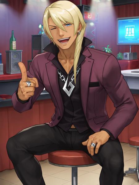 kl4vier, dark-skinned male, blonde hair, blue eyes, purple jacket, black shirt, black pants, jewelry, necklace, ring, earring,