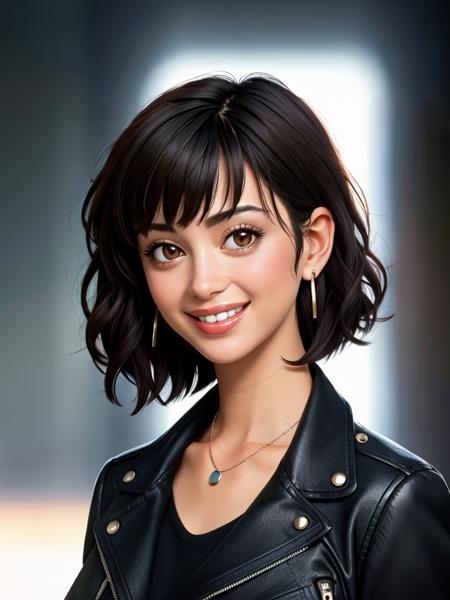 Realistic photo of a beautiful c4th3r1n3b woman,1girl,solo,looking at viewer,smile,short hair,bangs,black hair,brown eyes,jewelry,jacket,earrings,teeth,grin,blurry,lips,black jacket,blurry background,portrait,realistic, soft lighting, professional Photography, Photorealistic, detailed, RAW, analog, sharp focus, 8k, HD, high quality, masterpiece<lora:c4th3r1n3b:1.0>