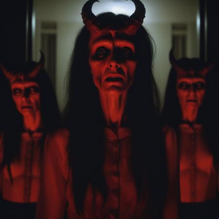 demons behind mother, symmetry, production still, dark horror, soft lighting, cinematic, red-core, 35 mm, panavision, visible film grain, highly detailed