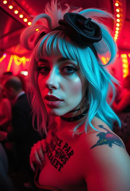 fisheye lenses lgbtq+ transgender dragqueen at a nasty party, white trash,complex text tattooes on skin