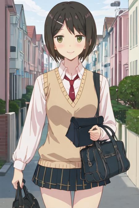 best quality, masterpiece, highres, solo, {kaede_ikeno_sakuratrick:1.15}, short_hair, hair_ornament, hairclip, blush, black_hair, brown_hair, green_eyes, necktie, 1girl, school_uniform, smile, sweater_vest