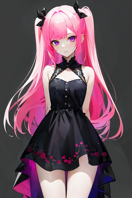 1girl, pink_hair, two side up, small breasts, ribbon, cowboy_shot, arms behind back, black dress <lora:style_AGM:1>