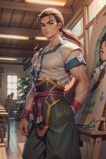 (masterpiece), (best_quality), (photograph, photo, realistic, 50mm f/1.4, 8k, HDR) 1boy, fei fong wong, brown hair , cowboy shot, in an art studio,  (masterpiece), (best_quality), (illustration), anime movie background, official art, varied location design, a (busy, imaginary:1.3)Vanuatuan plaza[, trending on artstation::0.4]<lora:fei_fong_wong_sd15a:1>