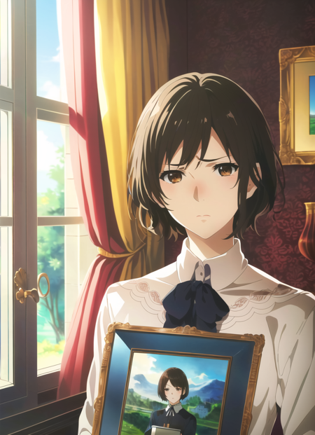 violet evergarden <lora:violet_evergarden_offset:1>, masterpiece, best quality, 1girl, solo, window, short hair, brown eyes, indoors, looking at viewer, book, brown hair, curtains, black hair, upper body, closed mouth, picture frame, frown, photo \(object\), painting \(object\), wall