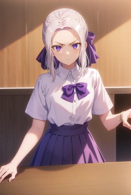 shinokiryuu, <lora:shino kiryuu s2-lora-nochekaiser:1>,
shino kiryuu, (purple eyes:1.1), white hair, hair bow, purple ribbon, frown, angry, (flat chest:1.2),
BREAK skirt, shirt, bow, school uniform, white shirt, short sleeves, pleated skirt, bowtie, blue skirt, 
BREAK indoors, classroom,
BREAK looking at viewer, (cowboy shot:1.5),
BREAK <lyco:GoodHands-beta2:1>, (masterpiece:1.2), best quality, high resolution, unity 8k wallpaper, (illustration:0.8), (beautiful detailed eyes:1.6), extremely detailed face, perfect lighting, extremely detailed CG, (perfect hands, perfect anatomy),