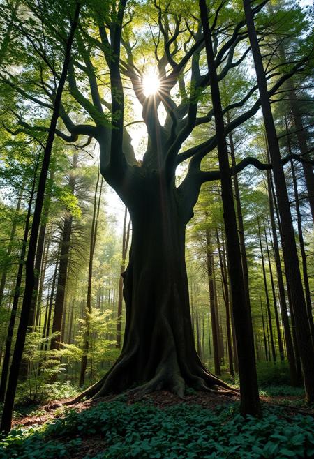 A photograph of a tree in the forest. The tree stands out, a verry old giant bunzai like tree in a young forest. Magical, ray of light, lush forest.