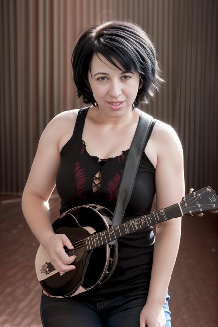 memav1, woman, (playing guitar on stage), american country clothing, short black hair, upper body,
realistic, highly detailed,
<lora:MeanMary_memav1:1>