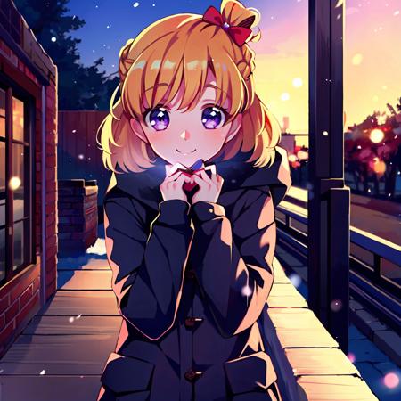 <lora:miraiv2-000012:0.8> ,ashina mirai,1 girl ,solo ,valentines day,winter,bow ,blond,masterpiece, best quality, look at the viewer,smile,cold,short hair,purple eyes,braid, chocolate