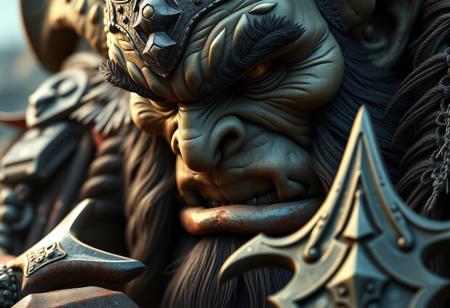 Create a highly detailed, realistic illustration of a close-up of an orc barbarian Goliath with a sword, in the style of Horde 3D. Incorporate intricate, elegant details with volumetric lighting and scenery, similar to a Twitch streamer's full-HQ render or a Pinterest wallpaper splash art. Use Unreal Engine 4.2 for rendering, and maintain sharp focus throughout the image. Ensure the digital painting is highly detailed and suitable for ArtStation or a concept art piece by Ruan Jia or Steve McCurry.