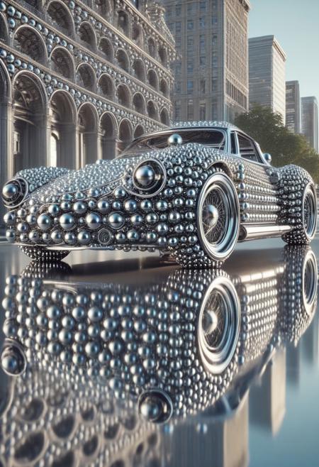 (made of Chrome Ball bearings:1.3), classic sports car, from side, run through on city Chrome Ball bearings road, cinematic, cinematic lighting, (masterpiece, best quality:1.4), ultra-high res, 4k, Photorealistic, insanely detailed, sfw,