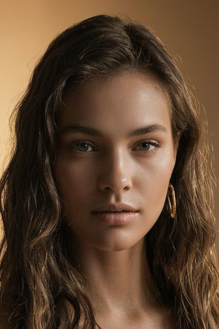 The subject possesses an oblong face shape with a flat forehead, a pointy nose, high cheekbones, and a square jawline. Their lips are full and expressive, while their nose adds character with its elegant shape. Their hair, styled in loose waves, frames their face softly, cascading over their shoulders. The subtle application of makeup enhances their features, adding a touch of refinement to their appearance. Their skin tone is radiant, with a natural glow that hints at vitality and health. Illuminated by colorful backlighting, their features are bathed in vibrant hues, casting a mesmerizing aura around them. Rembrandt lighting gently illuminates their face, creating a delicate interplay of light and shadow that accentuates their contours. The warm, golden tones of the backlighting contrast beautifully with the cooler hues, adding depth and dimension to the portrait. Overall, the combination of colorful backlighting and Rembrandt lighting creates a captivating visual composition, infusing the portrait with drama, allure, and depth.