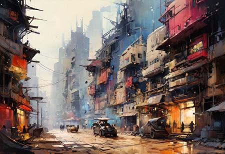 very wide shot, buildings in distance, linquivera, liiv1, on parchment, style of ((Ralph McQuarrie and Syd Mead)), a digital painting depicting a futuristic cityscape. In the foreground, there's a worn classic { red | orange | yellow } (futuristic unconventional concept vehicle), (groundvehicle), xuer dieselpunk, vehicle focus, ground vehicle, there's a worn classic (futuristic unconventional concept sports vehicle) with a long hood and pop-up headlights, giving it an appearance reminiscent of the late 20th-century designs, yet more futuristic and with a worn and rugged look suggesting age or use in a dystopian setting. The car is detailed with dirt and weathering, and it has a matte, metallic finish.  cloud, sky, The city around it is composed of tall, slender buildings with (cyberpunk-style architecture), featuring protruding structures and neon lights. In the hazy sky, (airships or futuristic vehicles) float above, hinting at advanced technology and a busy urban atmosphere. The color palette is predominantly (desaturated tones of beige and blue), 
with bright colored foreground subjects, with the scene set against a backdrop of what could be a smog-filled sky, creating a sense of depth and scale. The artwork combines elements of nostalgia with speculative future technologies, presenting a visually rich, sci-fi environment.
oil and watercolor painting
