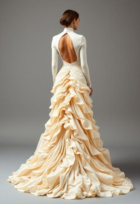 The image is a full-length portrait of a woman in a flowing cream dress. The dress features a high neck and long sleeves, with a large cutout on the back, and the fabric cascades down into a dramatic, floor-length train. The garment is crafted with waves and layers of fabric, creating a sense of movement and depth.