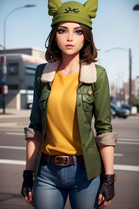 (realistic:1.5), <lora:SkyeEXP:0.5>, xyzskye, skye, belt, tan jacket, green shirt, (green headwear), fingerless gloves, 3d, octane render, looking at viewer, blue eyes, brown hair, camo pants, makeup, mascara