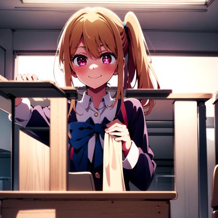 Masterpiece, 8k wallpapepr, best quality, 1girl, HoshinoRuby, <lora:HoshinoRuby>, smile, blush, looking at the viewer, side ponytail, blue school_uniform, (classroom at the background), indoor, white star pupil eyes:1, medium long hair,