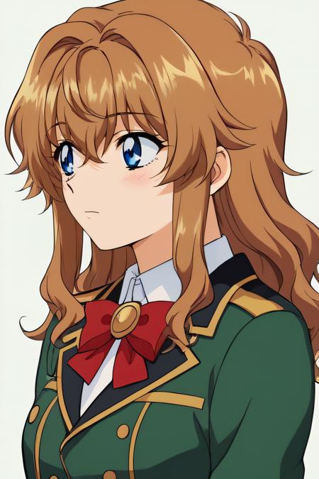  chall, blue eyes, brown hair, hair between eyes, wavy hair red bow, green military uniform, blazer, green jacket, green pleated skirt, white thighhighs