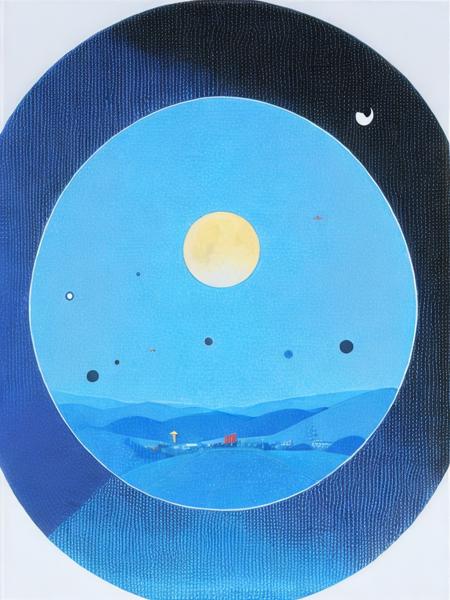 <lora:HiroshiNagai:1>a painting of an umbrella in the middle of a circle with a moon in the background by Hiroshi Nagai