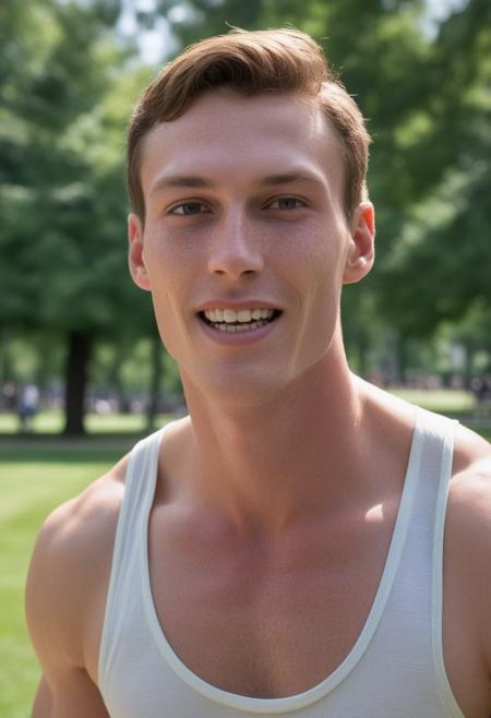 male model with milky smooth skin, 
thin waist, 
wide shoulders, 
prominent pecs. Lightly freckly nose, 
full lips parted to show a glimpse of teeth. Enjoying a walk through the park.