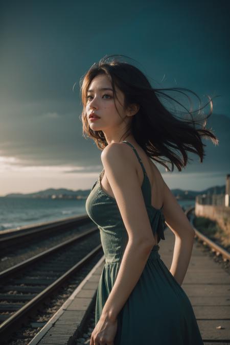 1girl,film grain,vintage tone,high contrast,dim lighting,dark green theme,melancholy,sad,railroad tracks,seaside,wind,motion blur,reversal,flustered,floating hair,spinning,cowboy shot,golden lighting moment,overall,(cropped shoulder:1.2),