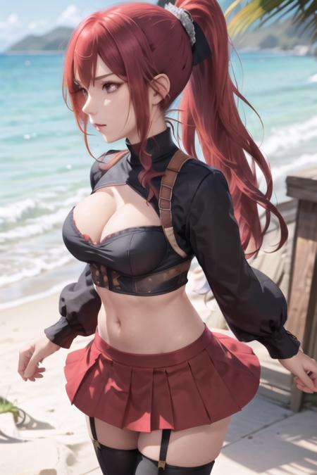 Milly\(milly)\,1girl, solo, medium breasts, hair ornament, thighhighs, long sleeves,  navel, cleavage, pleated skirt, boots, black thighhighs, (beach), (ponytail:1.2), red eyes, ultra detailed <lora:Milly_The_Aristocrat_s_Otherworldly_Adventure_Serving_Gods_Who_Go_Too_Far-000014:0.7>