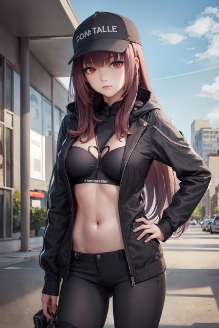 (masterpiece, best quality:1.2), <lora:fate_scathach-10:1>, cowboy shot, solo, 1girl, scathach \(fate\), expressionless, closed mouth, looking at viewer, hand on hip, long purple hair, baseball cap, hooded jacket, black pants, cityscape street