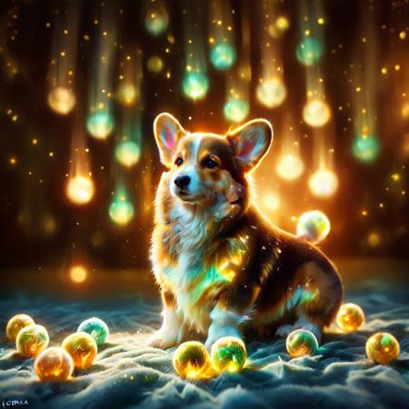 morph-aurora, dark, chiaroscuro, low-key, breathtaking masterpiece showcasing a gorgeous Pembroke Welsh Corgi puppy, bathed in soft, golden morning light, surrounded by vibrant bokeh balls that frame its delicate form. <lora:aurora_0_100_V1-000009:1>
