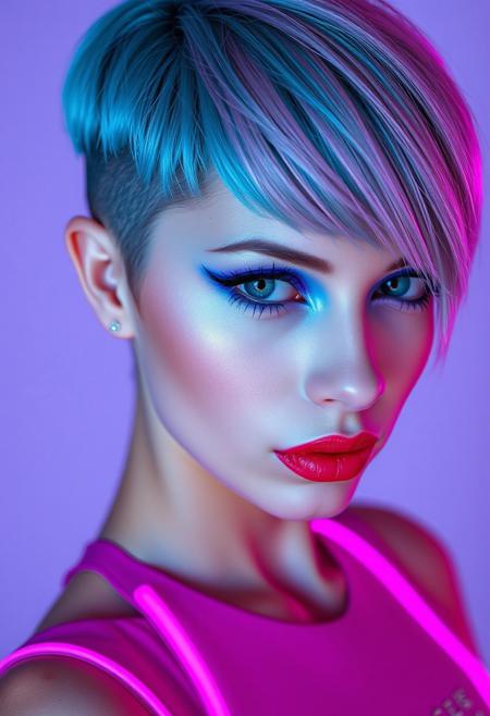 a gorgeous 25 years old caucasian woman, pale skin, cyan short hair in asymmetrical cut with shaved right side and pink longer bang on the left side, long blue eyelashes, blue mascara, purple eyeliner define her big beautiful grey eyes, green eyeshadow, luscious sensual red glossy lips, rouge, sexy curves, sexy feminine outfit with neon pink and neon cyan lines, looking at viewer dominantly
