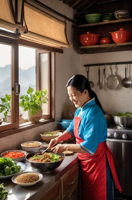 , <lora:kuangcao:0.5> kuangcao,, A highly detailed mother in her kitchen preparing meal, window sunny day, happy, smiling,