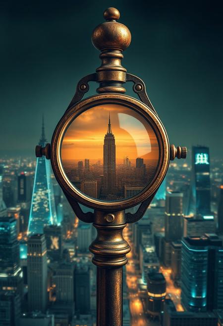 a nice and old magnifier, highly detailed, under its lens is a big city, highly detailed,