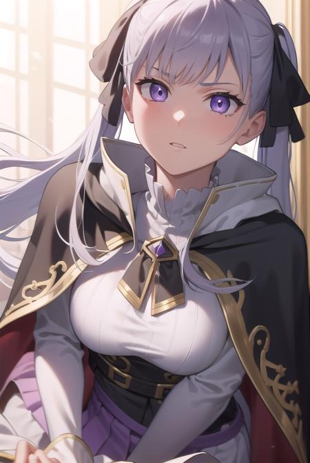 noelle silva, hair ribbon, long hair, (purple eyes:1.1), silver hair, twintails, dress, white dress, capelet, skirt, purple skirt, (black capelet:1.5), armor, bare shoulders, bridgeless bra, choker, collarbone, detached sleeves, (mermaid:1.5), monster girl, navel, scales, short sleeves, tiara,