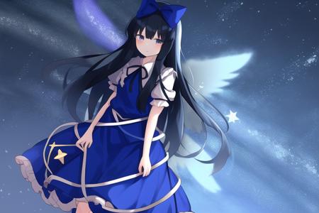 masterpiece, best quality,star sapphire, touhou,long hair,black hair,hime cut,blue hair bow,blue dress with star,standing,starry sky,wings, <lora:star-000015:0.75>