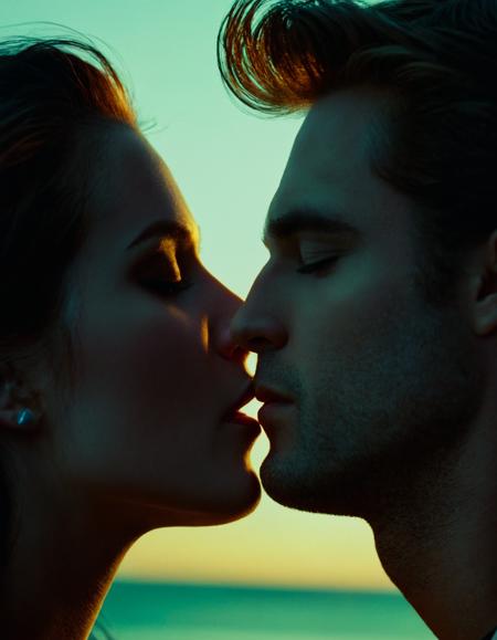 cinematic photo <lora:tw1l1ght:1>,tw1l1ght,, macro shot, cinematic photo of prompt .colorful, dark shot, film grain, extremely detailed, a man and woman are kissing on the beach together [2], . 35mm photograph, film, bokeh, professional, 4k, highly detailed