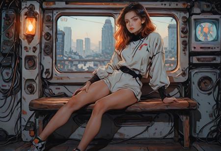 masterpiece, Shinkaistyle, pinkretroanime, retro art, Cyberpunk Style, cyberpunk, science fiction, hi tech, future tech, neon, (Cybernetics:1.25), (Neon Cityscape:1.4), (lineless:1.5), smooth edges, (lighten the face:1.5), tall body, slender body, fit body, long legs, two cats on a wooden bench in an Asian street during late afternoon. One black and white, and one orange. The bench is near a window with Japanese characters and red lanterns. Cherry blossom trees line the street. Green, brown, and warm orange hues. Soft and diffuse lighting.