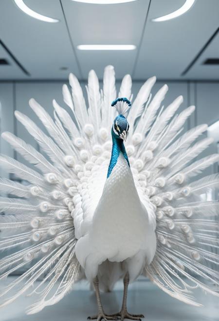 Hyper-detailed photography, stunning white peacock with a completely white plumage in a futuristic space station, sterile white interior, radiant highlights on the peacock’s feathers, natural lighting, analog film, Kodachrome, insanely detailed, 8K resolution, HDR, masterpiece, award-winning photography, fine art photography style