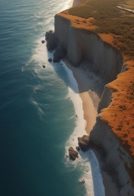 A photography of a superb muscular man beach in the ocean from a very high cliff, warm colors , very detailed , realistic rendering , panorama , Photorealistic style , in the style of Artstation , Sunlight