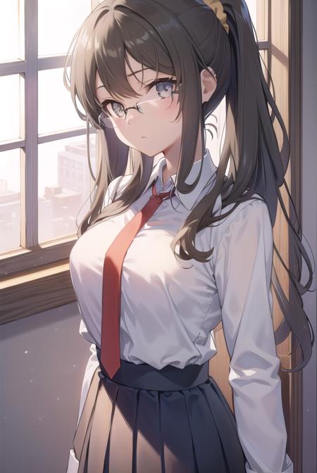 riofutaba, <lora:riofutabatest:1>,
rio futaba, black-framed eyewear, (brown eyes:1.5), glasses, grey hair, hair between eyes, over-rim eyewear, semi-rimless eyewear, long hair, sidelocks, ponytail, scrunchie, hair scrunchie, yellow scrunchie,
BREAK blue skirt, collared shirt, long sleeves, miniskirt, necktie, pleated skirt, red necktie, school uniform, shirt, skirt, undershirt, white shirt, short sleeves, sweater, brown sweater,
BREAK looking at viewer,
BREAK indoors, classroom,
BREAK <lora:GoodHands-vanilla:1>, (masterpiece:1.2), best quality, high resolution, unity 8k wallpaper, (illustration:0.8), (beautiful detailed eyes:1.6), extremely detailed face, perfect lighting, extremely detailed CG, (perfect hands, perfect anatomy),