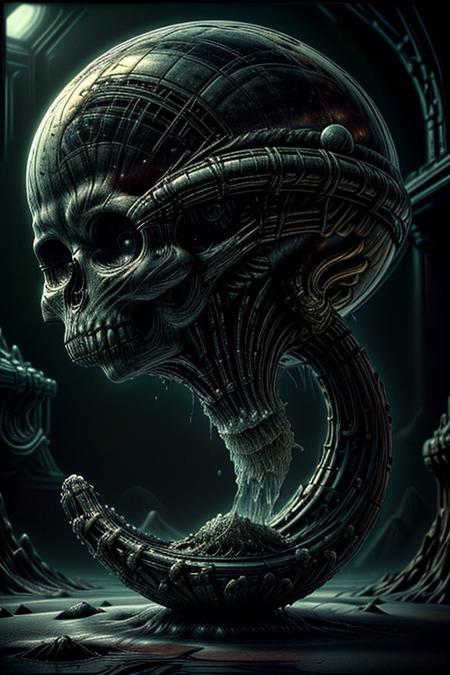 A close-up photorealistic image of a crystallic floating skull facing side view with its mouth open, pouring from it's mouth a shimmering liquid resembling the universe onto the ground, filled with rich stars and swirling galaxies. A simple void background enhances the dark atmosphere, shrouded in fog, capturing the hypnotic flow and shimmer of the cosmic liquid,