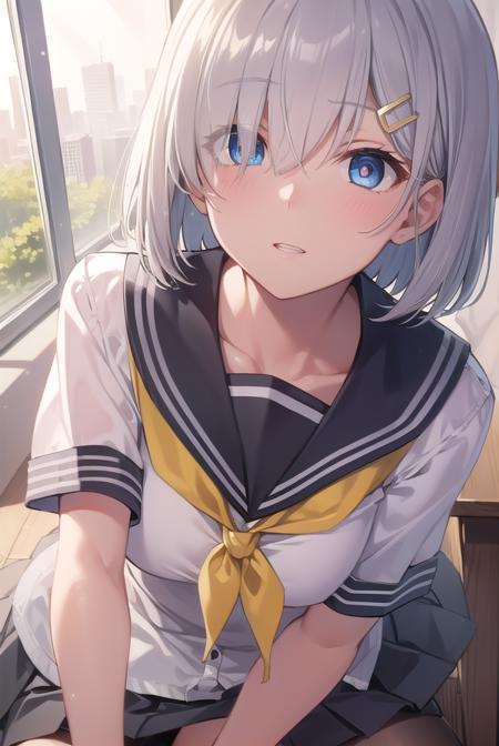 hamakaze, <lora:hamakaze-lora-nochekaiser:1>, 
hamakaze, blue eyes, grey hair, hair ornament, hair over one eye, hairclip, short hair, short hair,
BREAK black pantyhose, buttons, gloves, grey sailor collar, grey skirt, hairclip, neckerchief, pantyhose, pleated skirt, sailor collar, school uniform, serafuku, skirt, white gloves, yellow neckerchief,
BREAK looking at viewer,
BREAK indoors, classroom,
BREAK <lyco:GoodHands-beta2:1>, (masterpiece:1.2), best quality, high resolution, unity 8k wallpaper, (illustration:0.8), (beautiful detailed eyes:1.6), extremely detailed face, perfect lighting, extremely detailed CG, (perfect hands, perfect anatomy),