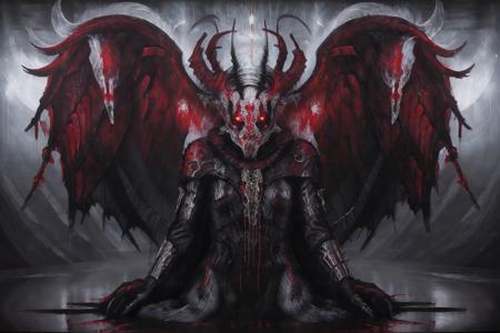 (masterpiece, best quality, high quality, highres), <lora:OilAbstractDarkFantasy:1>, dark, sun, winter, ((monster, 1other, person)), oil painting <lora:biomanic:0.4>
mechanical parts, blood splatter, android, cable, <lora:krampus2023:0.2>, krampus2023 <lora:ClothingAdjuster3:-1> <lora:has_wings:0.3>, (has_wings, demon_wings) <lora:de-anime-er_v10:0.5>
 <lora:NikkeProfile:0.5>