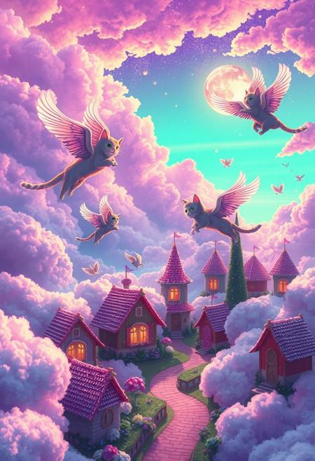 Envision a fantastical anime realm where a village of melodious cats dwells atop fluffy cotton candy clouds. Winged felines gracefully float through the air, their vibrant fur glistening in the sunlight. The sky is a breathtaking canvas of neon purple, radiant green, and shimmering silver, reflecting the sunset's glow like a dazzling disco ball.
The village features enchanting cottages crafted from sparkling crystals and whimsical candy wrappers, each exuding a magical aura. Capture this delightfully chaotic scene from a distance to showcase the enchanting charm and exuberant joy of this whimsical, dreamlike landscape, where every detail radiates wonder and imagination.