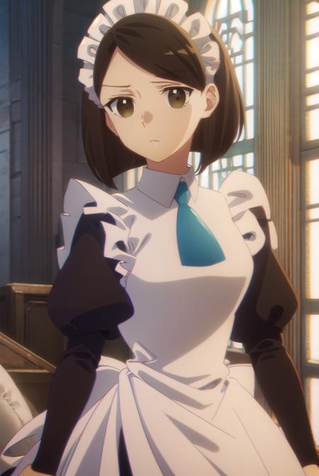 anneshelley, <lora:anne shelley s2-lora-nochekaiser:1>,
anne shelley, short hair, brown hair, (brown eyes:1.5),
BREAK long sleeves, puffy sleeves, apron, maid, maid headdress, juliet sleeves, maid apron,
BREAK indoors,
BREAK looking at viewer, (cowboy shot:1.5),
BREAK <lyco:GoodHands-beta2:1>, (masterpiece:1.2), best quality, high resolution, unity 8k wallpaper, (illustration:0.8), (beautiful detailed eyes:1.6), extremely detailed face, perfect lighting, extremely detailed CG, (perfect hands, perfect anatomy),